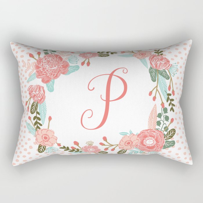 Monogram P - cute girls coral florals flower wreath, coral florals, baby girl, baby blanket Rectangular Pillow