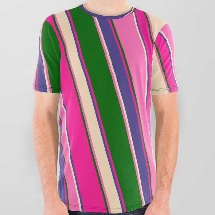 Eye-catching Deep Pink, Dark Slate Blue, Bisque, Hot Pink, and Dark Green Colored Stripes Pattern All Over Graphic Tee