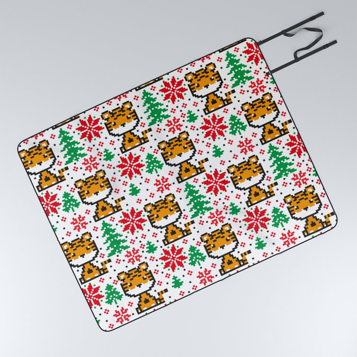 Knitted Christmas and New Year Pattern in Tiger. Wool Knitting Sweater Design.  Picnic Blanket