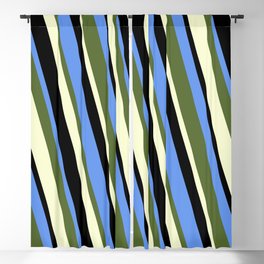 [ Thumbnail: Cornflower Blue, Dark Olive Green, Light Yellow, and Black Colored Lines/Stripes Pattern Blackout Curtain ]