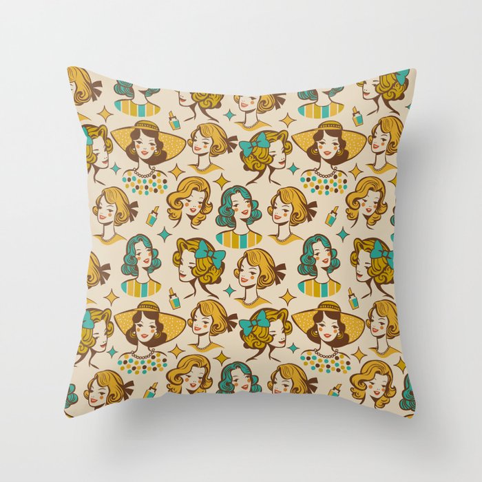 Bold & Colorful Vintage Ladies - Yellow & Jungle Green Throw Pillow
