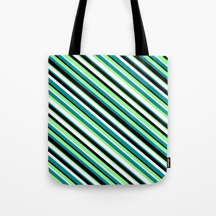 Green, White, Dark Cyan & Black Colored Striped/Lined Pattern Tote Bag