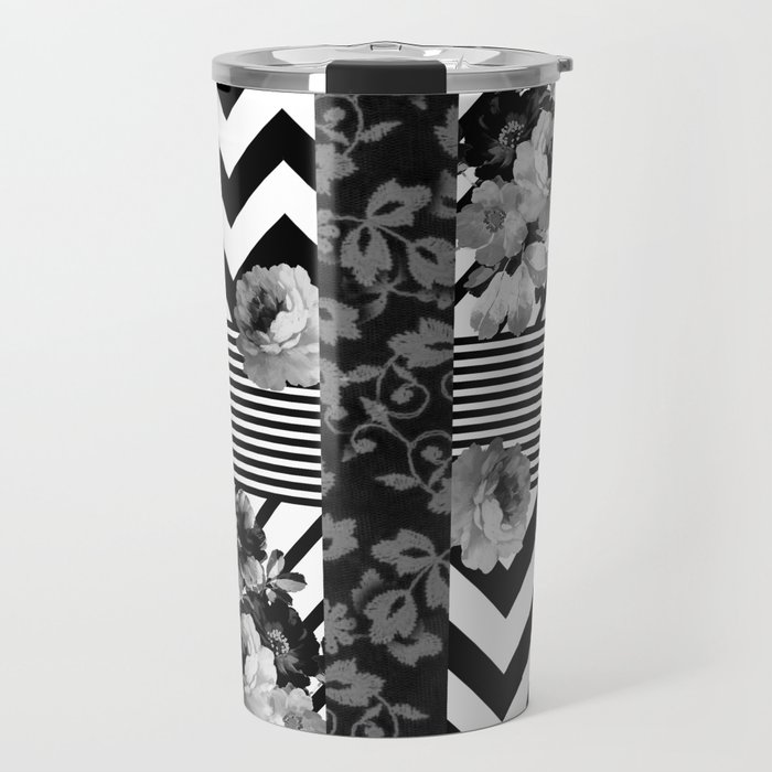 Trendy Black and White Floral Lace Stripes Chevron Travel Mug