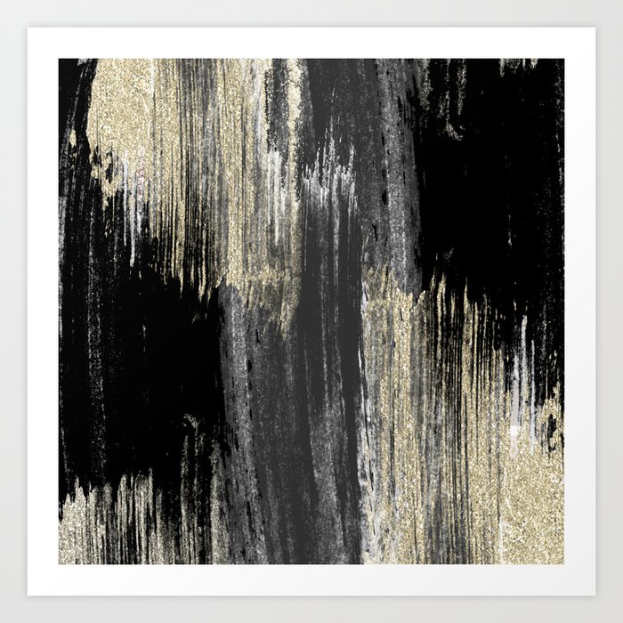 Abstract Modern Black Gray Gold Glitter Brushstrokes Art Print By
