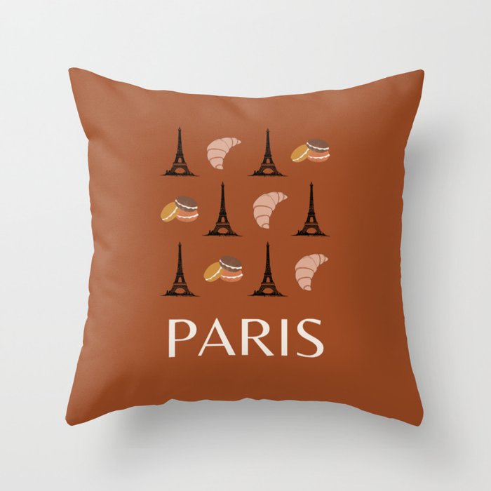 Paris Eiffel Tower Retro Modern Art Decor Illustration Boho Brown Chocolate Tones Throw Pillow