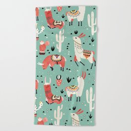 Llamas and cactus in a pot on green Beach Towel