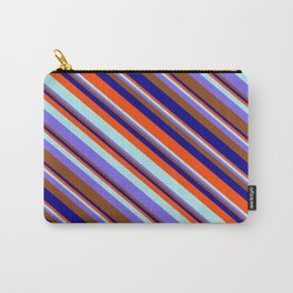 [ Thumbnail: Red, Turquoise, Medium Slate Blue, Brown & Dark Blue Colored Striped/Lined Pattern Carry-All Pouch ]