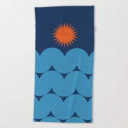 Mid Century Modern Geometric 156 Sun Rainbow abstract in Midnight Blue Rust Red Beach Towel