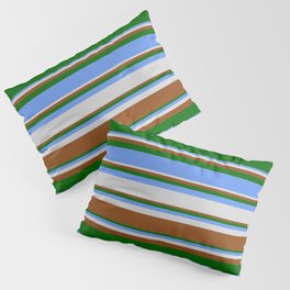 [ Thumbnail: Cornflower Blue, Light Grey, Brown & Dark Green Colored Pattern of Stripes Pillow Sham ]