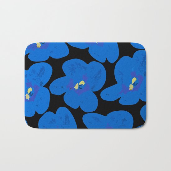 Blue Retro Flowers on Black Background Bath Mat