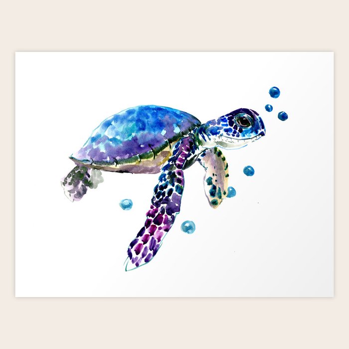 Sea Turtle Blue Purple Illustration Children Room Cute Turtle Artwork Art Print By Sureart