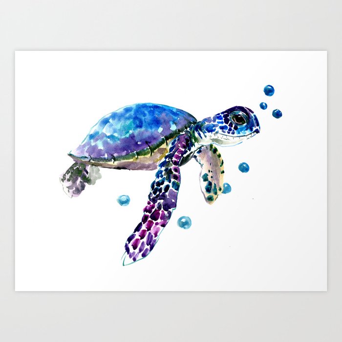 Sea Turtle Blue Purple Illustration Children Room Cute