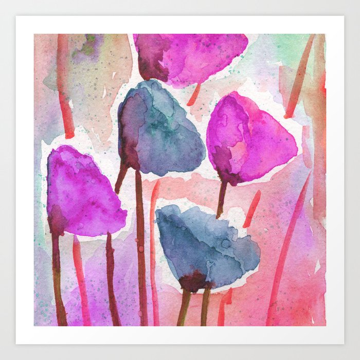 Windy Blossoms - pink and blue, watercolor  Art Print