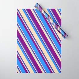 [ Thumbnail: Blue, Tan, and Purple Colored Striped Pattern Wrapping Paper ]