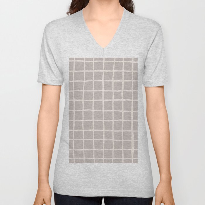 70s 60s Retro Neutral Checkered Grid V Neck T Shirt