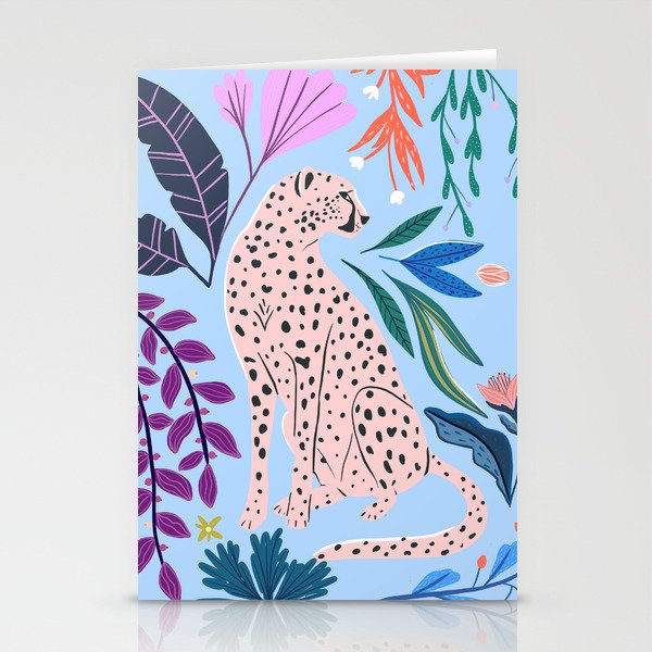 Blush pink Cheetah in jungle florals / jungle cat print /modern art Stationery Cards