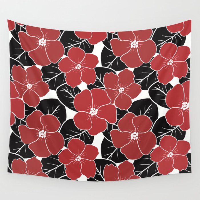 Red African Violets with black leaves on white background Wall Tapestry