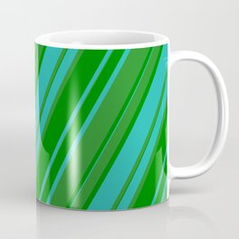 [ Thumbnail: Forest Green, Green & Light Sea Green Colored Pattern of Stripes Coffee Mug ]