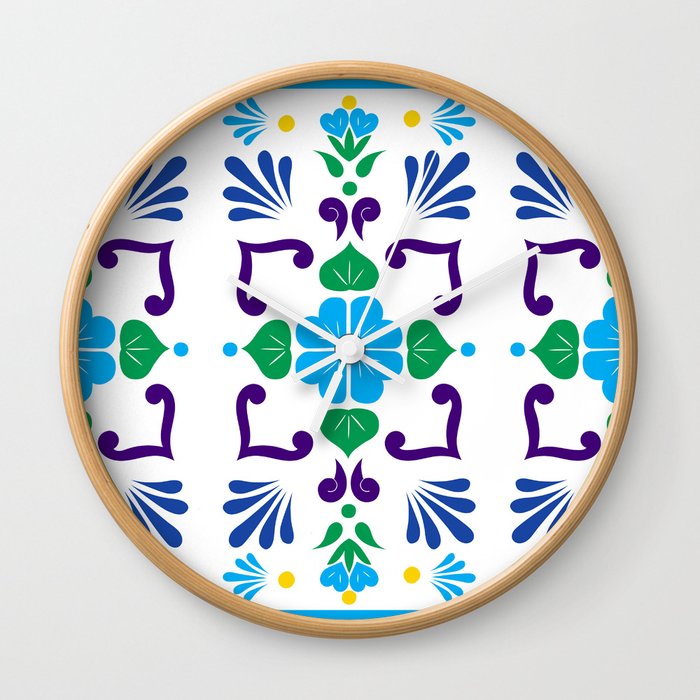 Cyan 2, Framed Talavera Flower Wall Clock