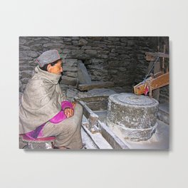Himalayan Woman Milling Archaic Grain Hand Grinding Millstones Metal Print