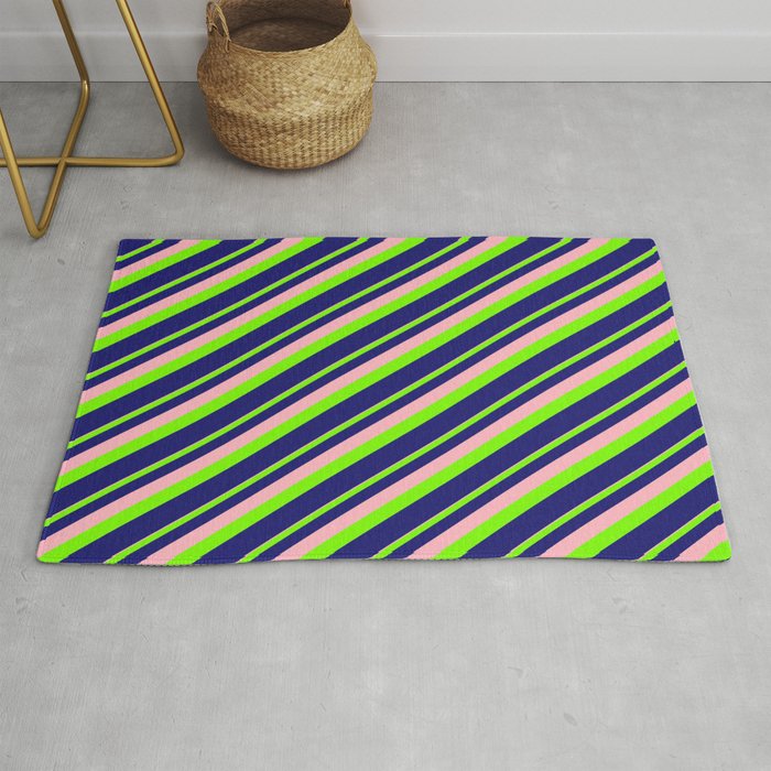 Light Pink, Green, and Midnight Blue Colored Striped/Lined Pattern Rug