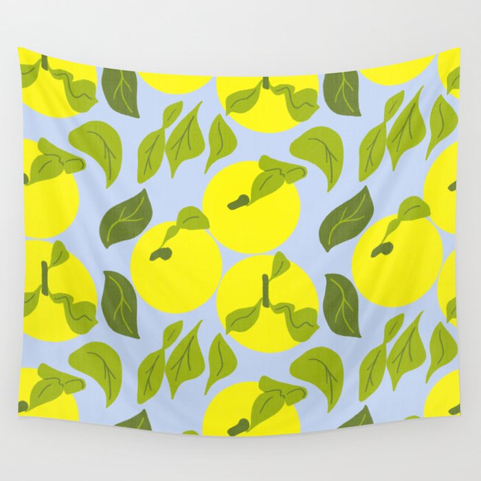 Retro Modern Bright Lemon Yellow Yuzu Tropical Fruit And Foliage On Sky Blue Botanical Pattern Wall Tapestry