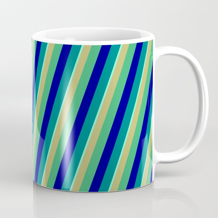 Vibrant Dark Khaki, Sea Green, Dark Blue, Teal & Aquamarine Colored Striped Pattern Coffee Mug