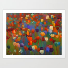 The tulips of spring No. 2, Holland parrot and multi-colored tulip fields still life landscape painting print Art Print