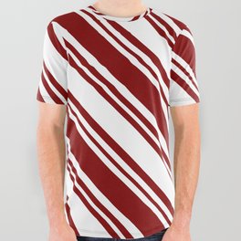[ Thumbnail: White & Maroon Colored Lined/Striped Pattern All Over Graphic Tee ]