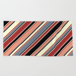[ Thumbnail: Vibrant Dark Salmon, Slate Gray, Black, Light Yellow, and Brown Colored Lines/Stripes Pattern Beach Towel ]