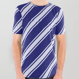 [ Thumbnail: Midnight Blue and Lavender Colored Striped Pattern All Over Graphic Tee ]