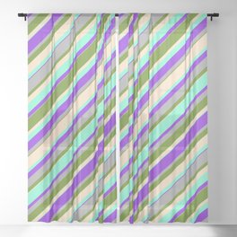 [ Thumbnail: Green, Bisque, Aquamarine, Purple & Dark Gray Colored Stripes Pattern Sheer Curtain ]