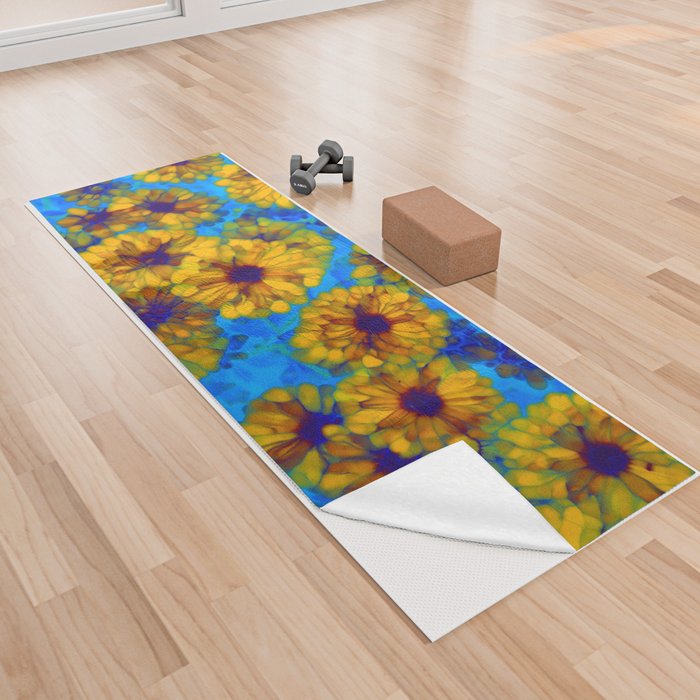 Yellow Blue floral bloom summer design Yoga Towel