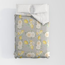 Lemons and White Flowers Pattern On Light Grey Background Comforter