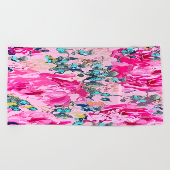 Pink floral work with some turquoise and yellow details Beach Towel