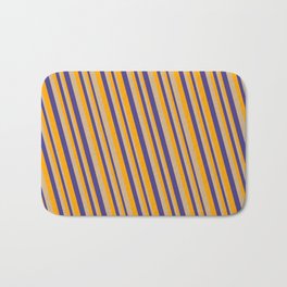 [ Thumbnail: Orange, Tan, and Dark Slate Blue Colored Striped Pattern Bath Mat ]