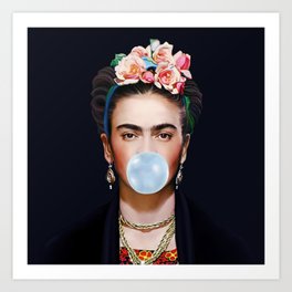 Plush Blue Velveteen Frida with bubble gum Art Print