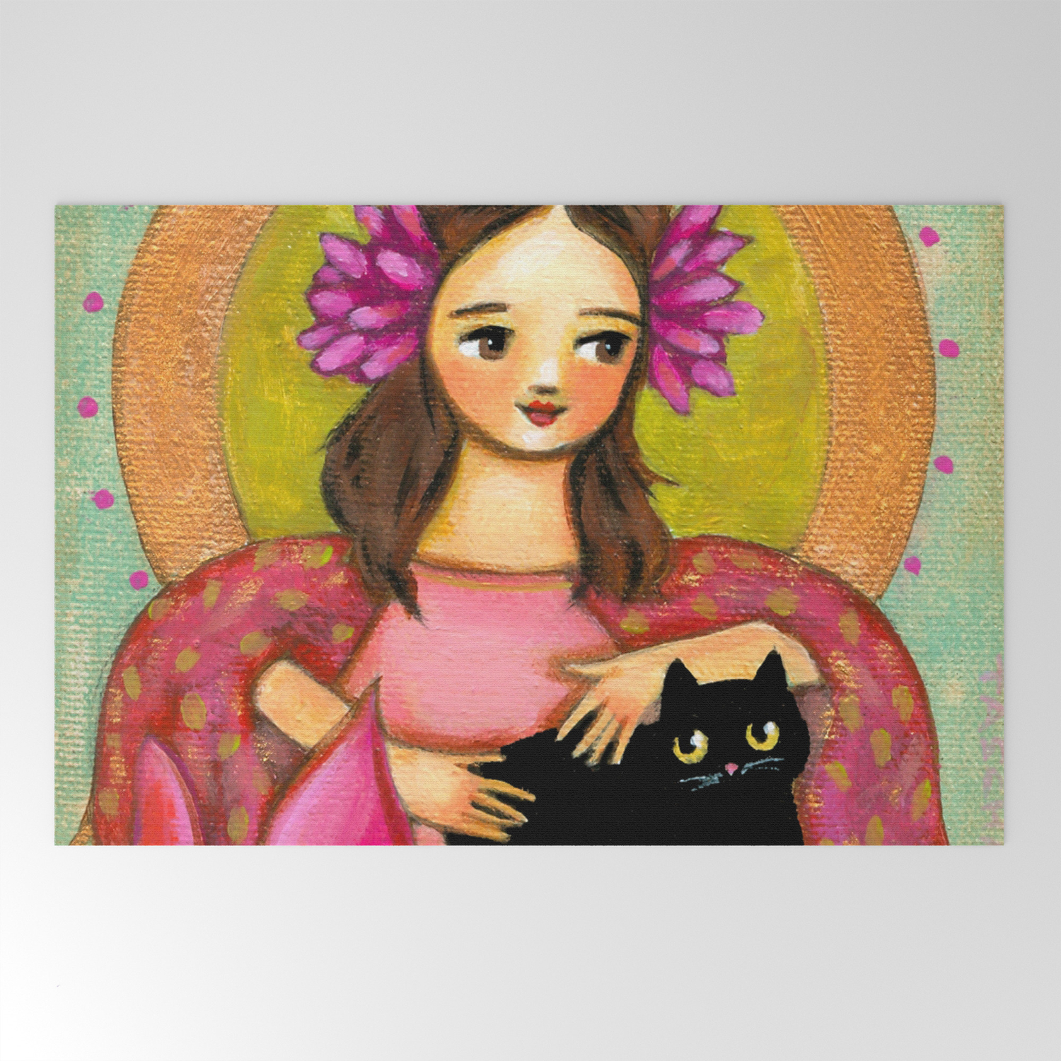 Black Cat Pink Dahlia Flowers Original Painting Design Tascha