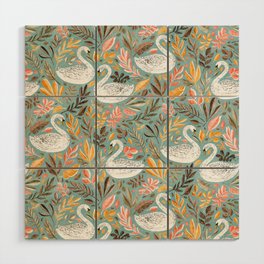 Whimsical White Swans with Autumn Leaves on Sage Wood Wall Art
