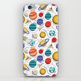 Paper space adventure I // white background multicoloured solar system paper cut planets origami paper spaceships and rockets iPhone Skin