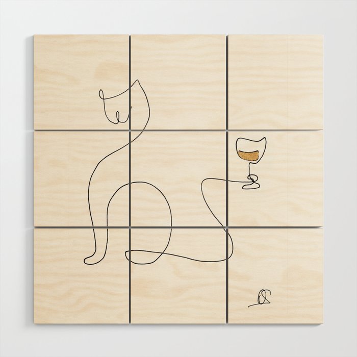 cat drinking white wine Wood Wall Art