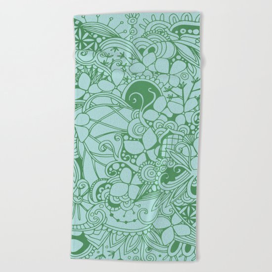 Blue square, green floral doodle, zentangle inspired art pattern Beach Towel