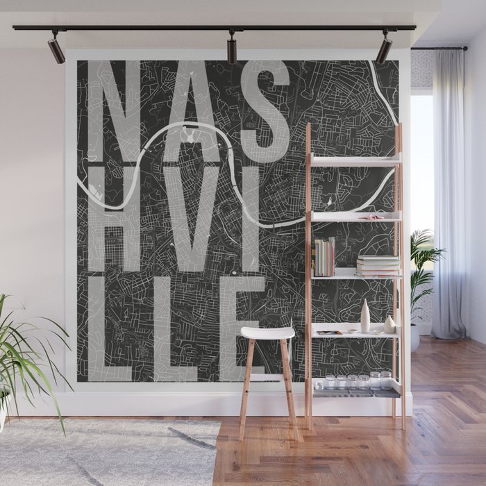 Nashville Mono Street Map Text Overlay Wall Mural