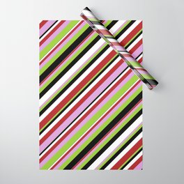 [ Thumbnail: Red, Plum, Green, Black & White Colored Lines Pattern Wrapping Paper ]