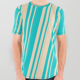 [ Thumbnail: Dark Turquoise and Bisque Colored Striped Pattern All Over Graphic Tee ]