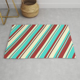 [ Thumbnail: Brown, Light Yellow, and Turquoise Colored Lined Pattern Rug ]