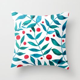 Watercolor berries and branches - turquoise and red Throw Pillow