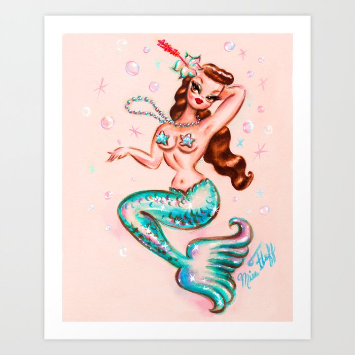 Pinup Mermaid With Pearls Art Print By