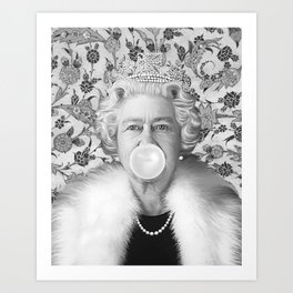 Queen Elizabeth Fur Stole Blowing White Bubble gum Art Print