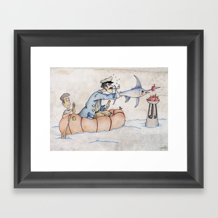 "Pass Me an Apple" - Stranded on a raft at sea nautical print Framed Art Print